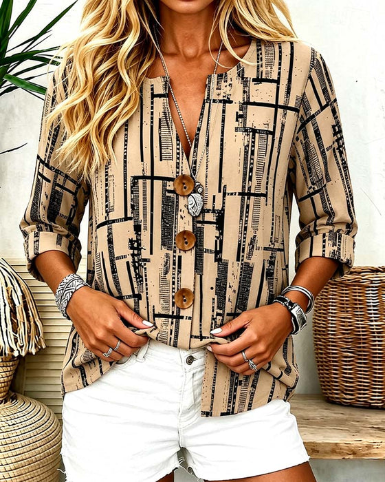 Blouse V-Hals Knoopsluiting Gestreept