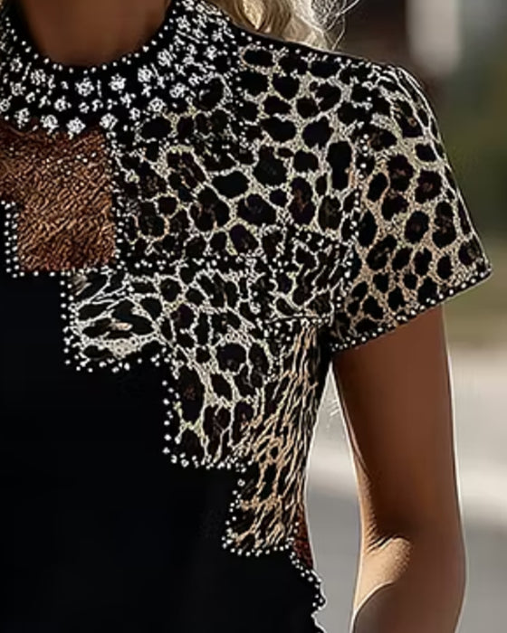 T-Shirt Luipaard Patchwork Mocknek Korte Mouw