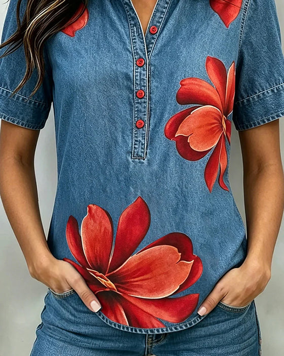 Top Met Kraag Knoopsluiting En Print