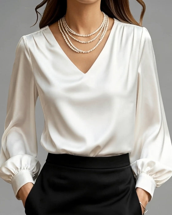 Blouse V-Hals Pofmouw Effen Kleur