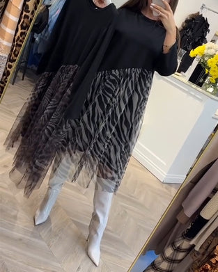 Jurk Met Ronde Hals En Patchwork Mesh-Print