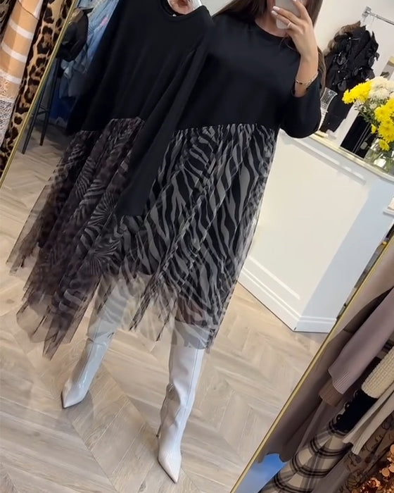 Jurk Met Ronde Hals En Patchwork Mesh-Print