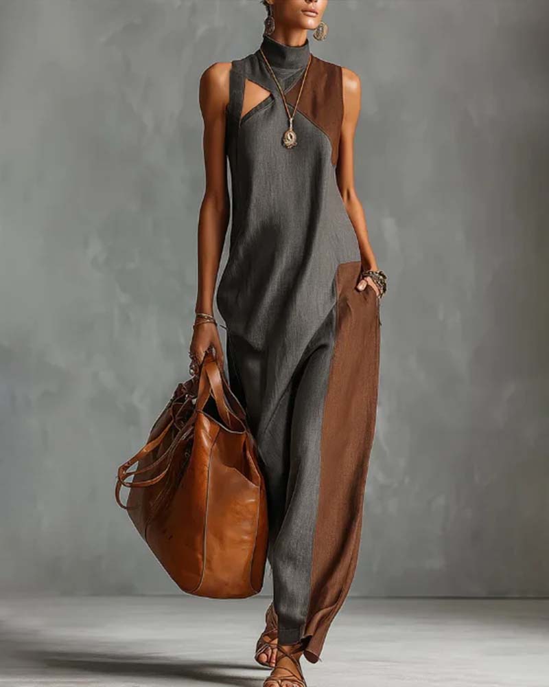 Jurk Hoge Hals Asymmetrisch Patchwork Mouwloos