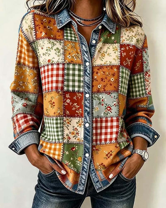 Top Kraag Ruit Denim Patchwork