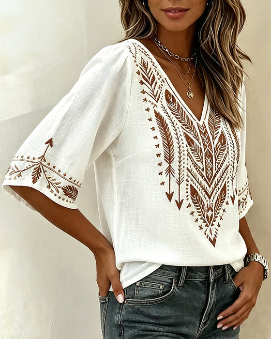 Blouse V-Hals Etnische-Print Los