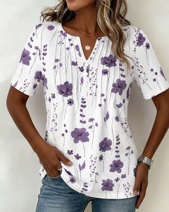 T-Shirt Wafel V-Hals Bloemen