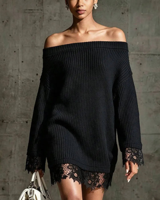 Trui Jurk Off-Shoulder Geribbeld Kant Patchwork