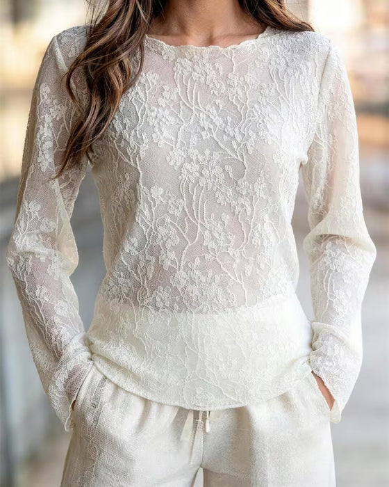 Blouse Ronde Hals Kant Sheer Aansluitend