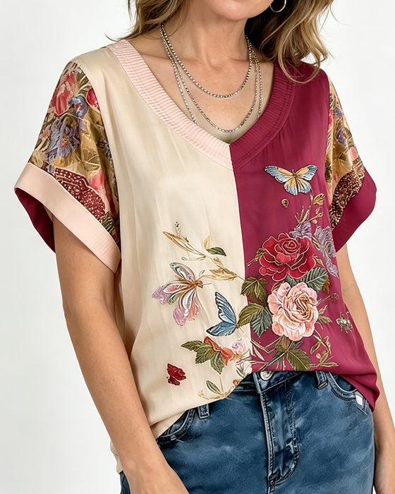Blouse V-Hals Asymmetrisch Patchwork Bloemen