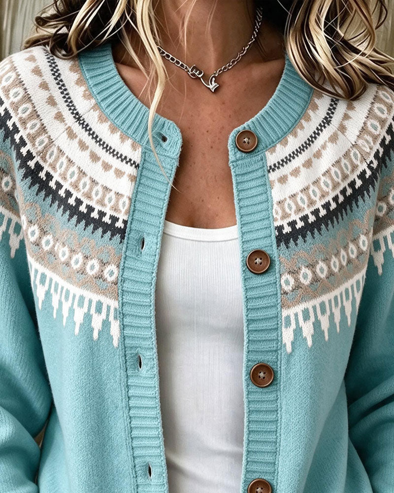 Gebreide Cardigan Met Print, Lange Mouwen En Knoopsluiting
