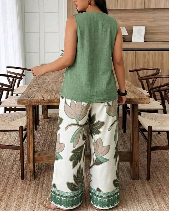 Set Mouwloze Top Botanische Print Wijd Pijp Broek