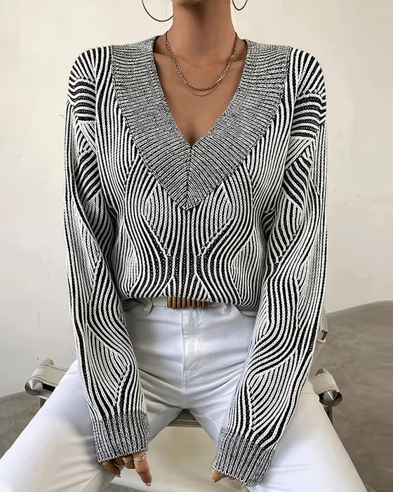 Pullover Geometrisch Gestreept V-Hals Lange Mouw