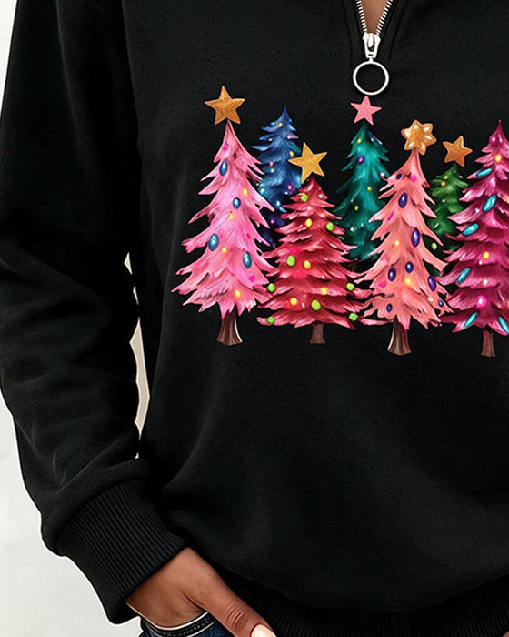 Sweatshirt Half-Zip Kerstboom Print