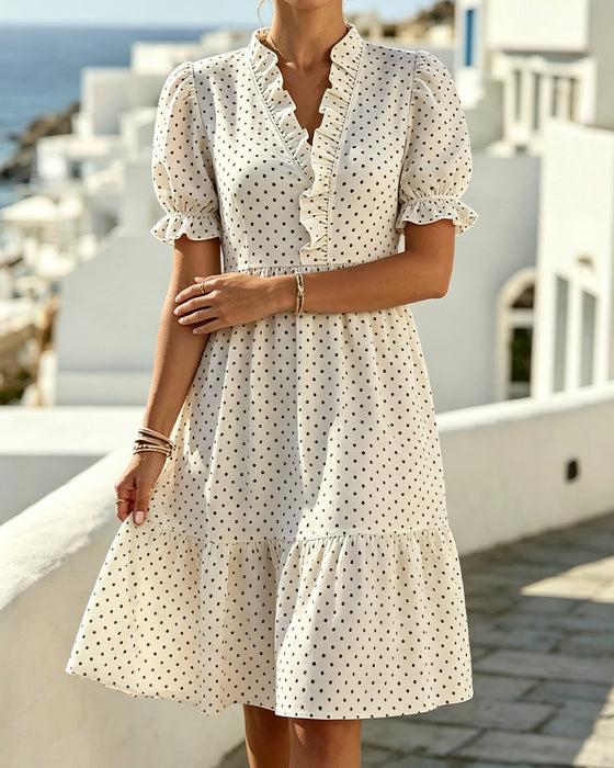 Jurk V-Hals Kant Trim Polka Dot