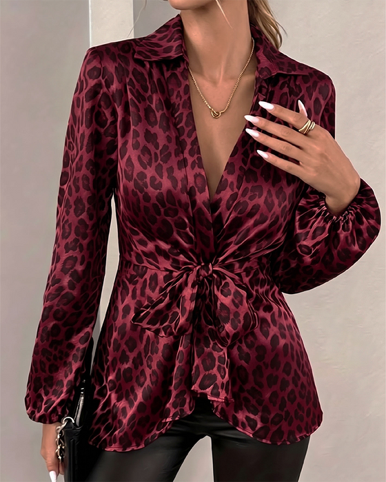 Top Luipaard Print Kraag Bandage Taille