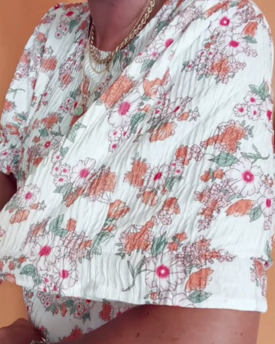 Blouse Ronde Hals Bloemig Korte Mouw