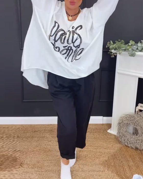 Top Ronde Hals Onregelmatige Letterprint