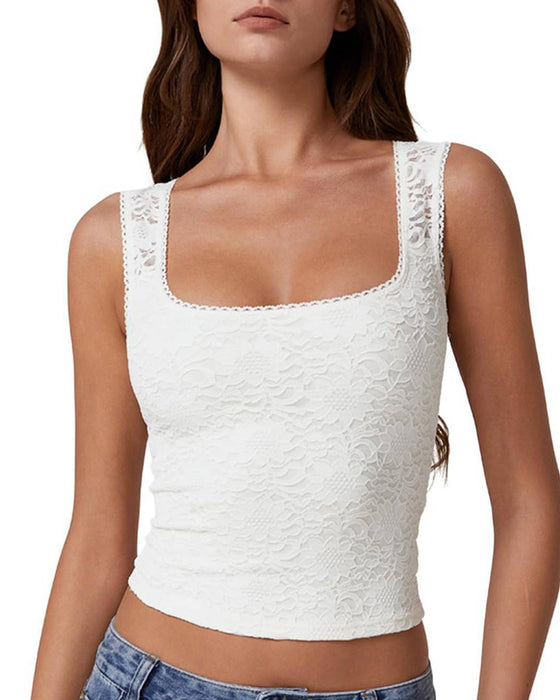 Tank Top Kant Rand Vierkante Hals Mouwloos