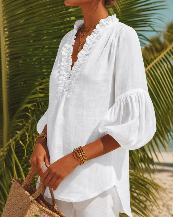 Blouse Ruffle Rand Pofmouw V-Hals
