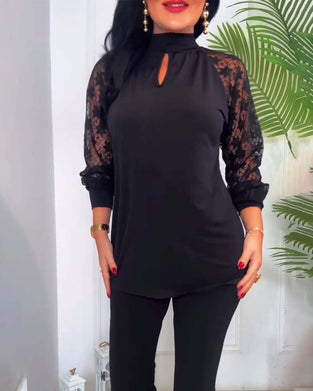 Top mode effen kleur gehaakt kant mouw patchwork