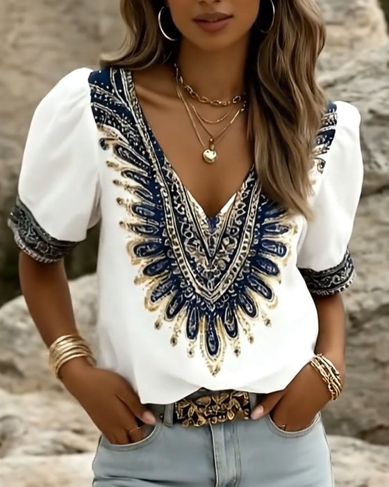 Blouse Etnische Print Pofmouw