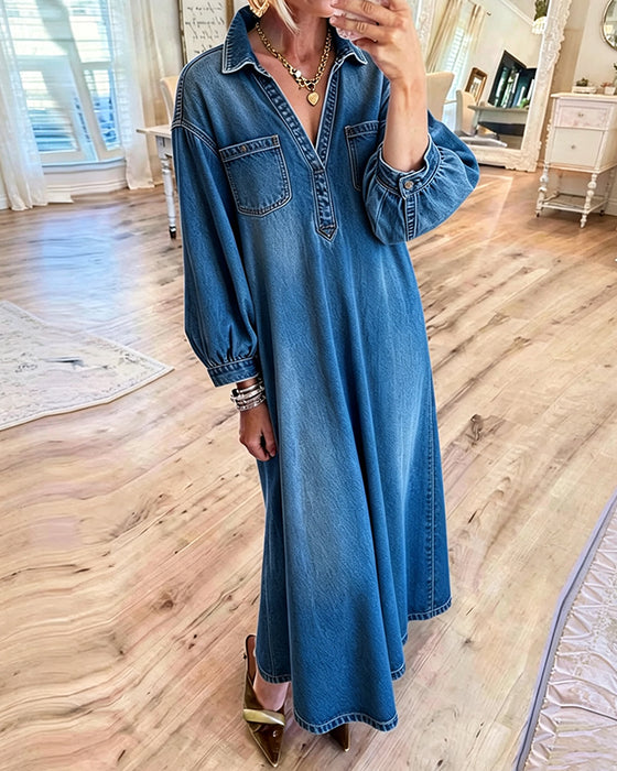 Jurk Denim Shirt Stijl Maxi
