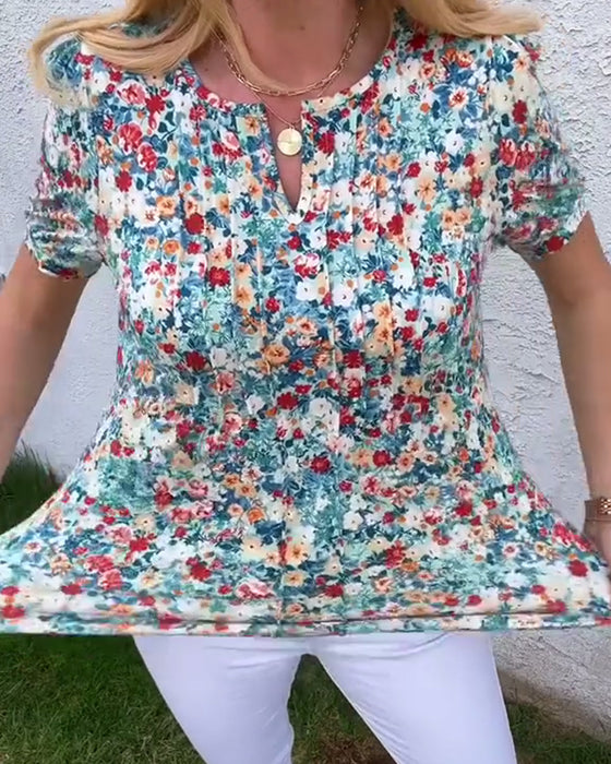 Blouse Korte Mouwen Bloemenprint Geplisseerd