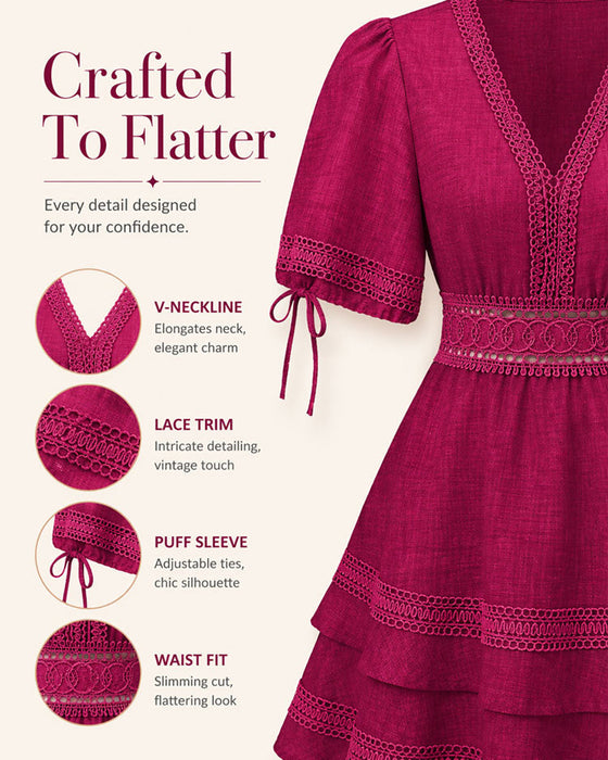 Jurk V-Hals Gelaagd Effen Kant Patchwork