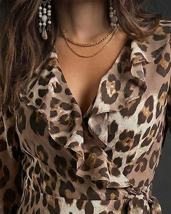 Blouse V-Hals Ruffle Luipaard