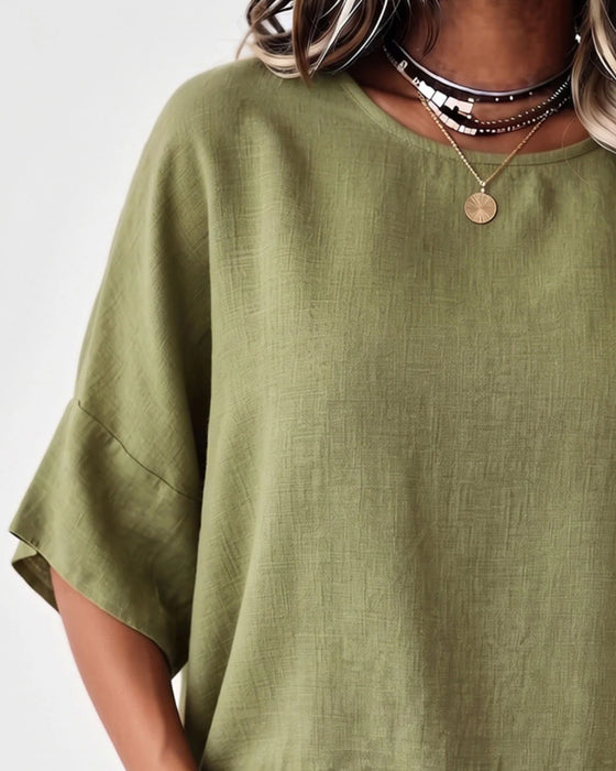 Blouse Ronde Hals Franje Ellebooglange Mouw Effen