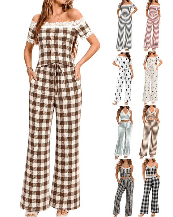 Set Off-Shoulder Kant Rand Streep Breed Been Broek