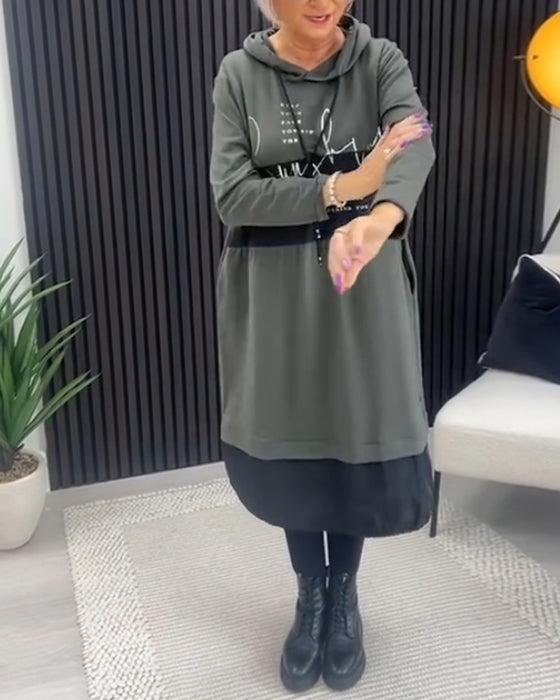 Casual hooded dress met color block letter print en pocket