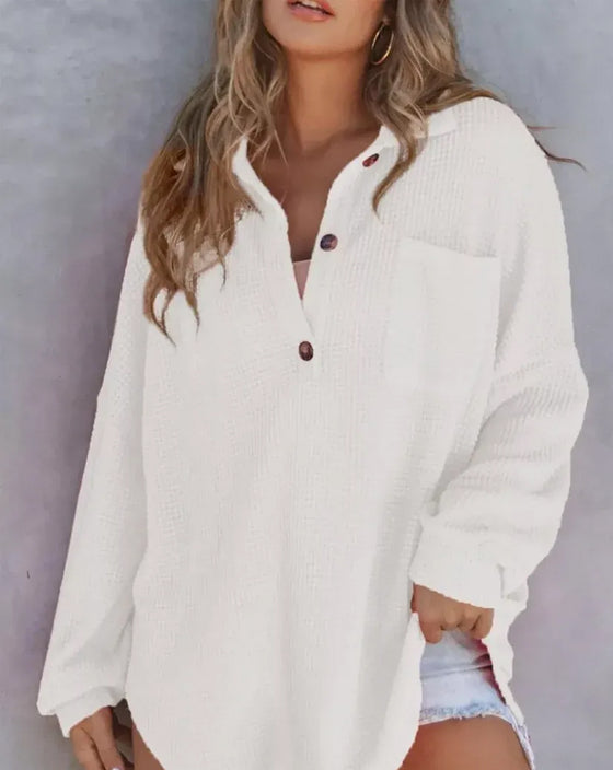 Blouse Effen Knoop-Down Los Kraag