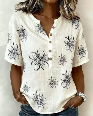 Blouse Ronde Hals Knoopsluiting Bloemen Casual