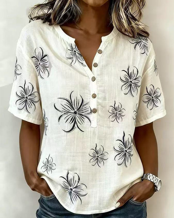 Blouse Ronde Hals Knoopsluiting Bloemen Casual