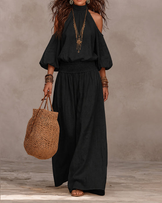 Set Off-Shoulder Lange Mouw Gerimpelde Broek