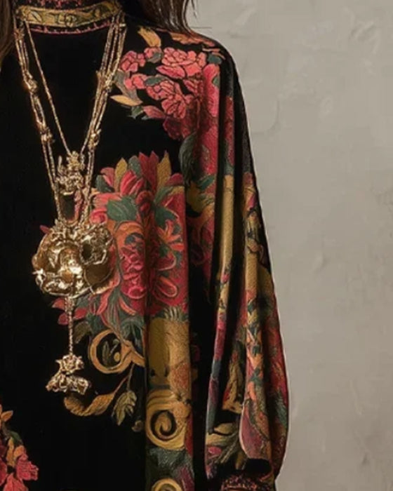 Jurk Mock-Neck Floral Velvet Langmouw Maxi