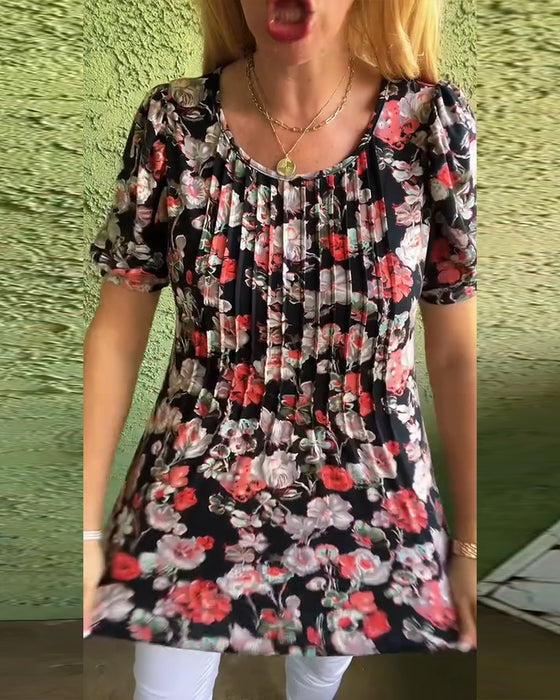 Blouse Ronde hals Poefmouw Geplooid Bloemenprint