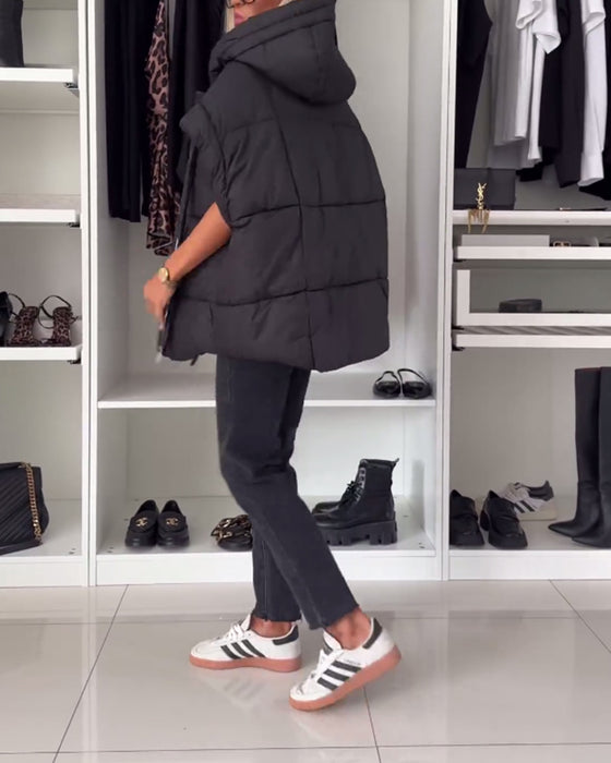 Gewatteerde jassen met capuchon, effen kleur, korte mouwen en rits