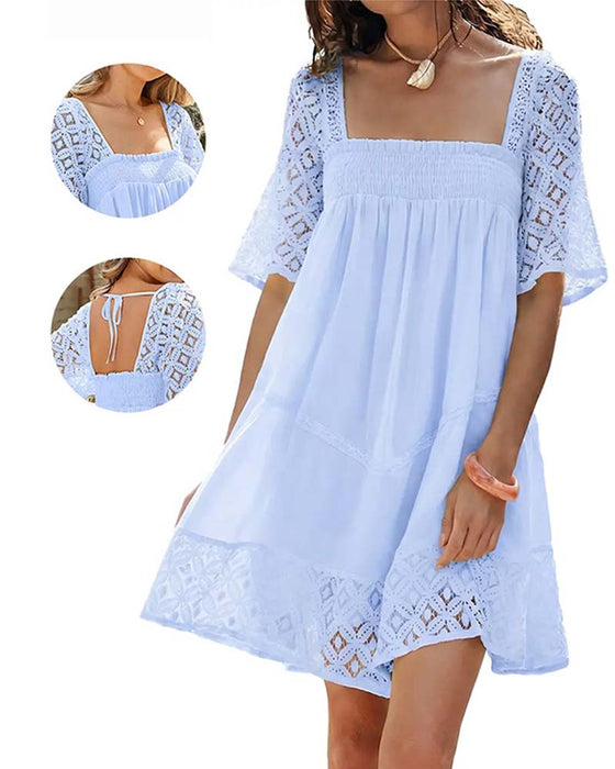 Jurk Vierkante Hals Kant Patchwork Effen