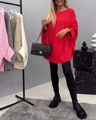 Mode effen kleur pullover met vleermuismouw en ronde hals