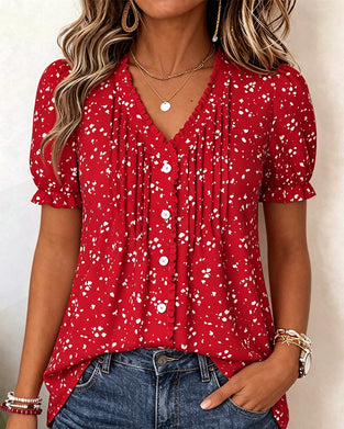 Blouse V-Hals Geplooid Kleine Bloemen