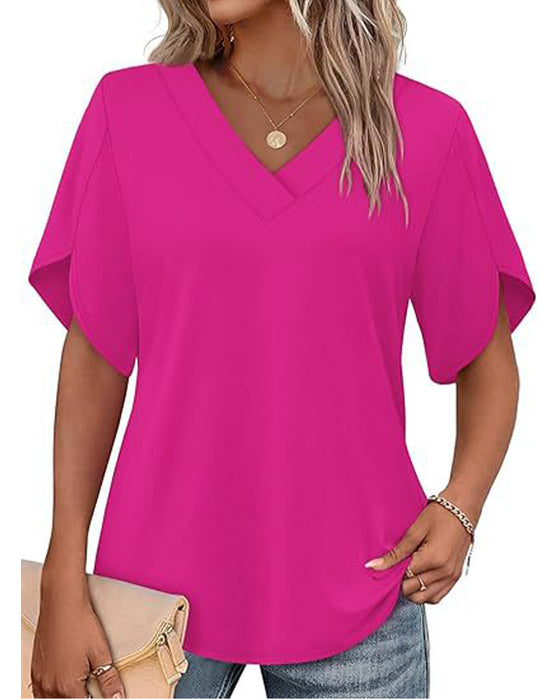 T-Shirt V-Hals Kleine Split Korte Mouw Effen
