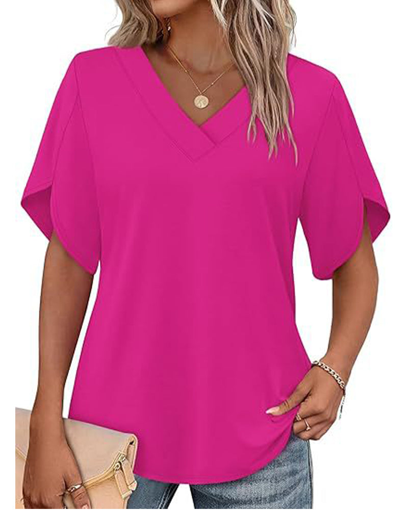 T-Shirt V-Hals Kleine Split Korte Mouw Effen
