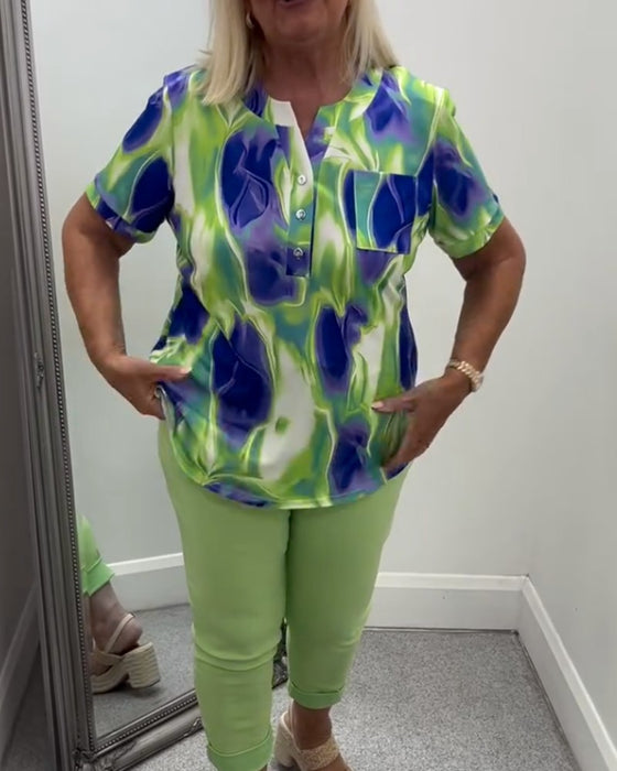 Blouse Henley Hals Ombre Print Korte Mouw Zak