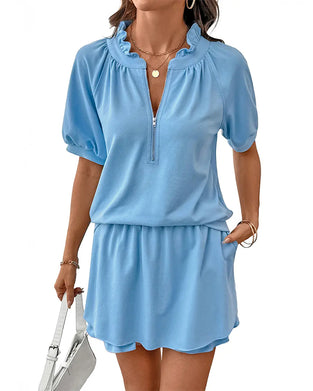 Set Ruche Kraag Pofmouw Blouse En Rok