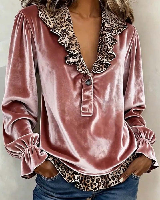 Blouse V-Hals Luipaard Print Ruffle Mouw