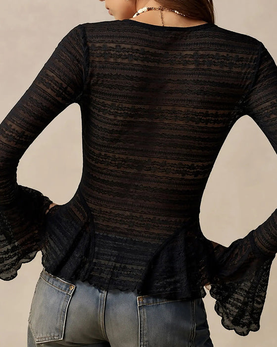 Blouse V-hals Kant Gepaneleerd Trompetmouw