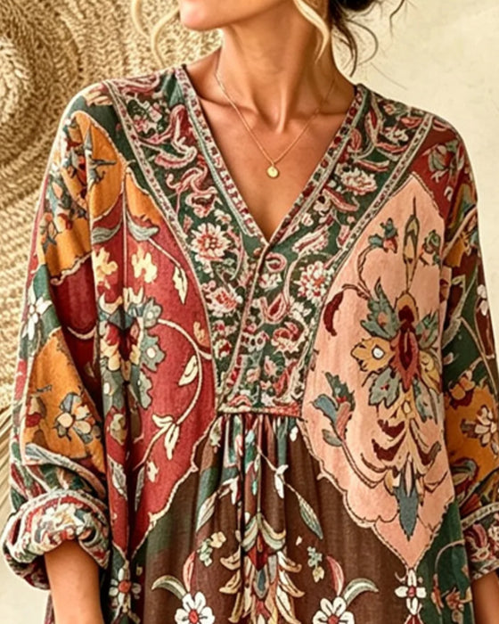 Jurk V-Hals Bohemien Lange Mouw