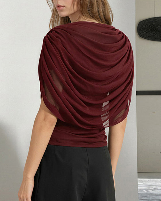 Blouse Mesh Sjaal Hals Gedrapeerd Slim Fit